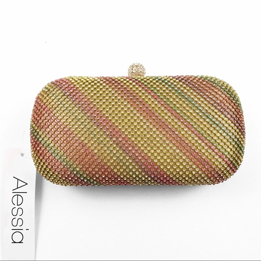 Alessia Gold & Colorful Rhinestone Oval Shaped Clutch With Gold Chain. NEW - Picture 2 of 6